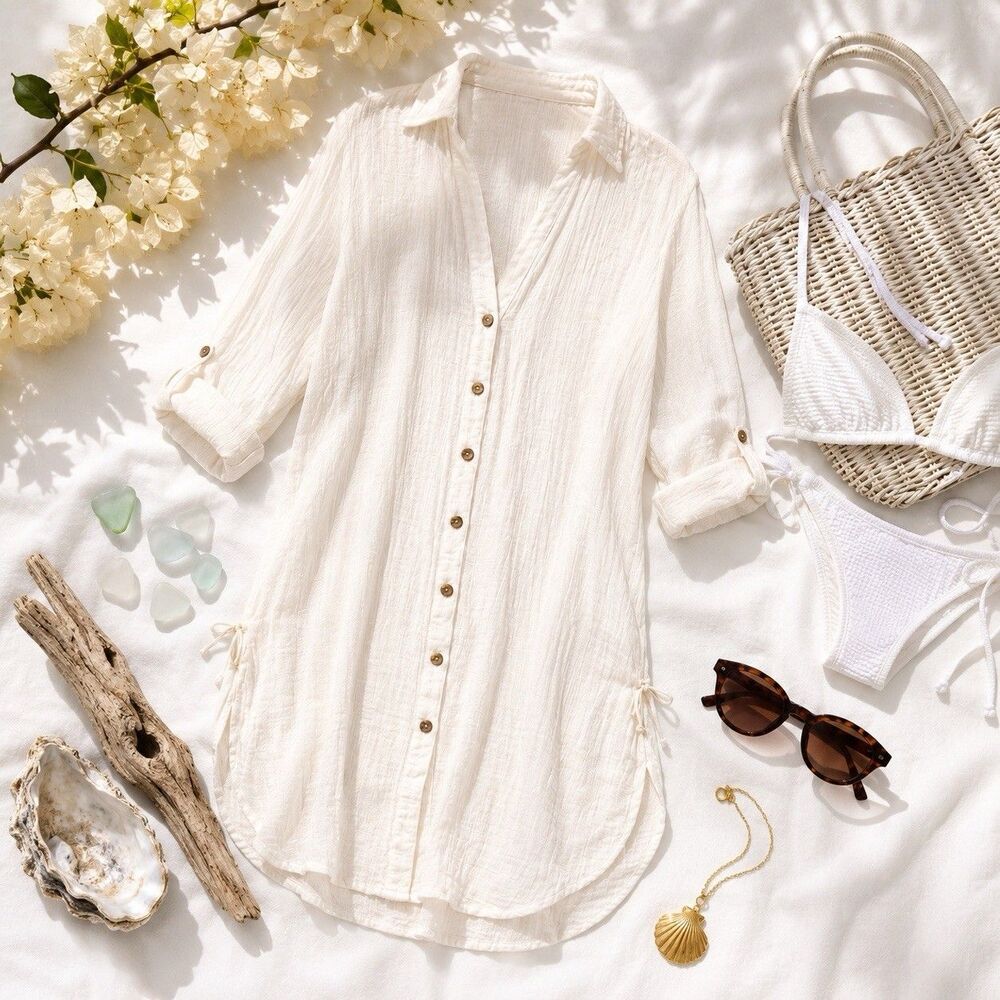 Oversized Beach Cover Up Shirt Dress Off White Gauze Button Front 2XL